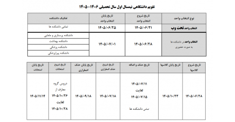 تقویم آموزشی نیمسال  اول  سال تحصیلی 1405-1406