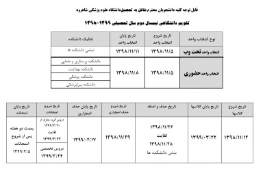 تقویم دانشگاهی نیمسال دوم ۹۹-۹۸