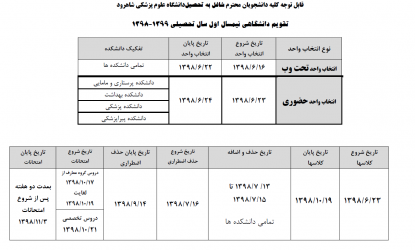 تقویم دانشگاهی نیمسال اول ۹۹-۹۸