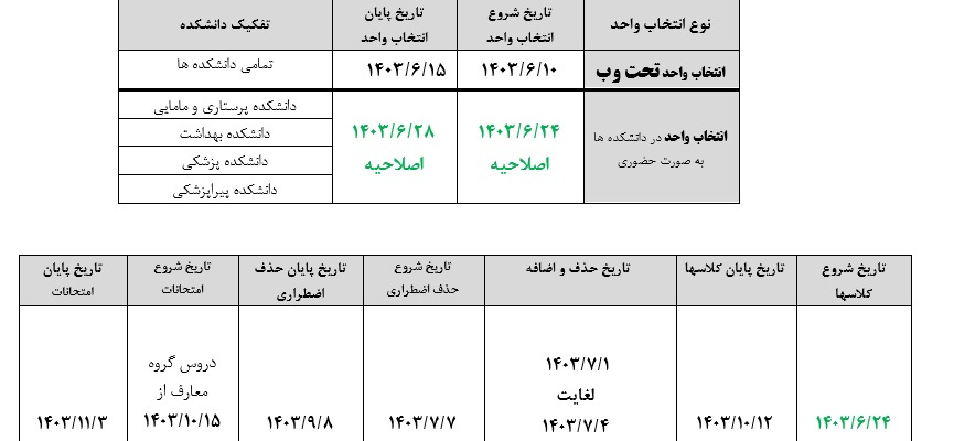 تقویم دانشگاهی نیمسال اول سال تحصیلی ۱۴۰۴-۱۴۰۳