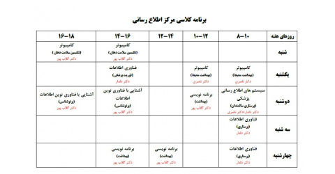 ساعات برگزاری کلاس در مرکز اطلاع رسانی ترم مهر ۹۷
